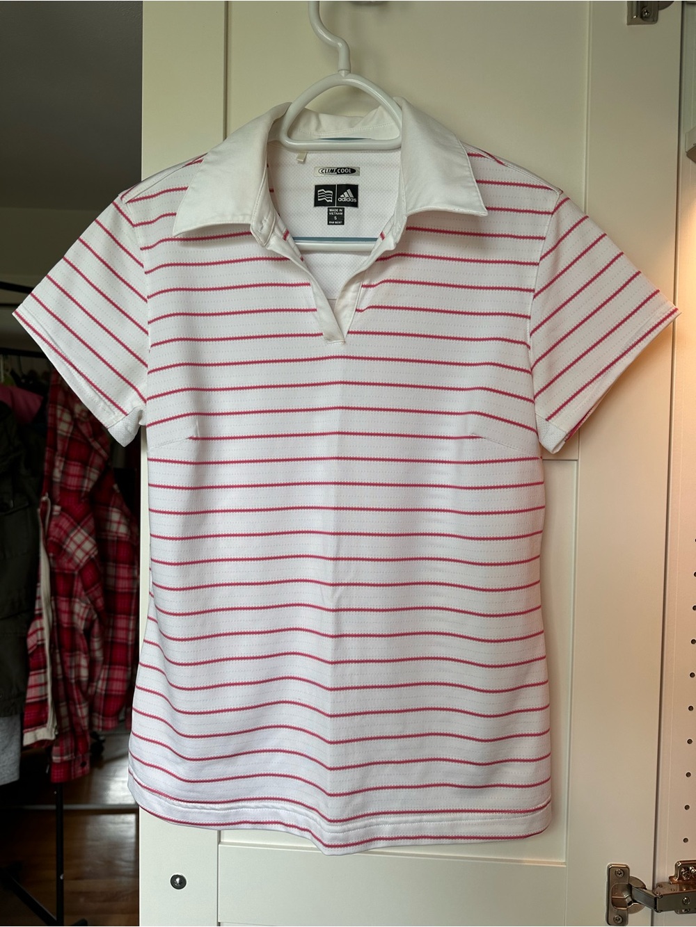 adidas White Polo with Pink Stripes Golf Top
